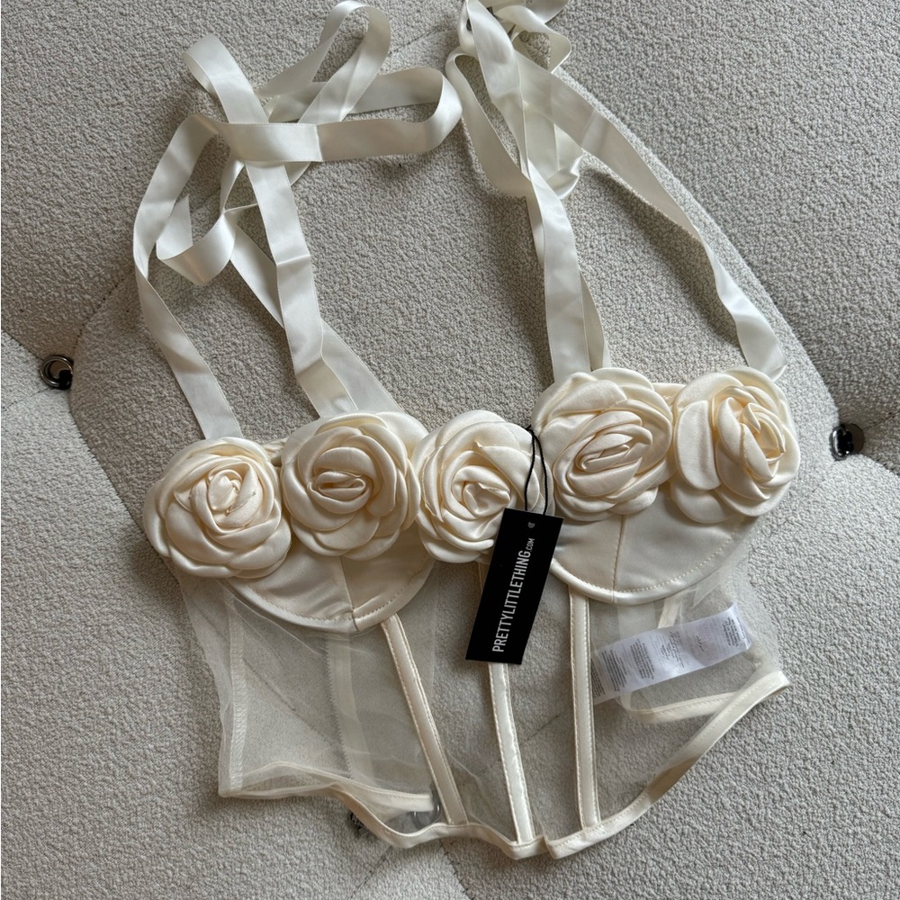 MESH FLORAL APPLIQUE BOW STRAP BONED CORSET